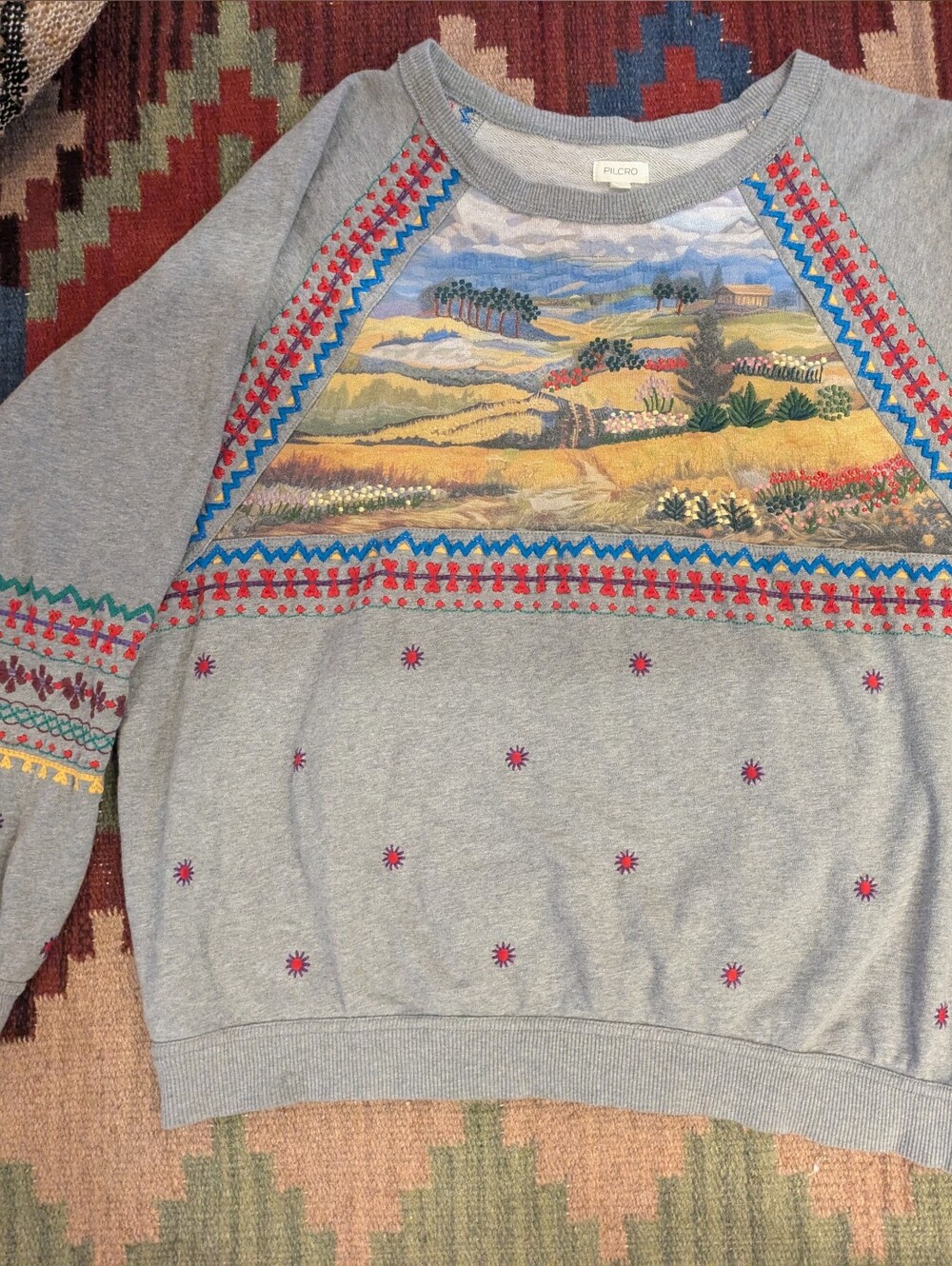 Embroidered Pullover Sweatshirt Country Scene Pilcro Anthropologie 100% Cotton - Picture 6 of 14